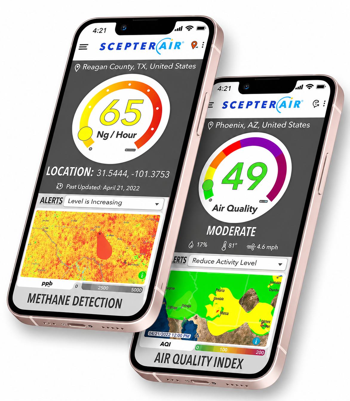 ScepterAir mobile app screens showing methane detection and air quality index